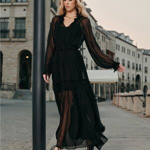 NWT Commense Ruffled Chiffon Semi-Sheer Long Sleeve Dress Sz L